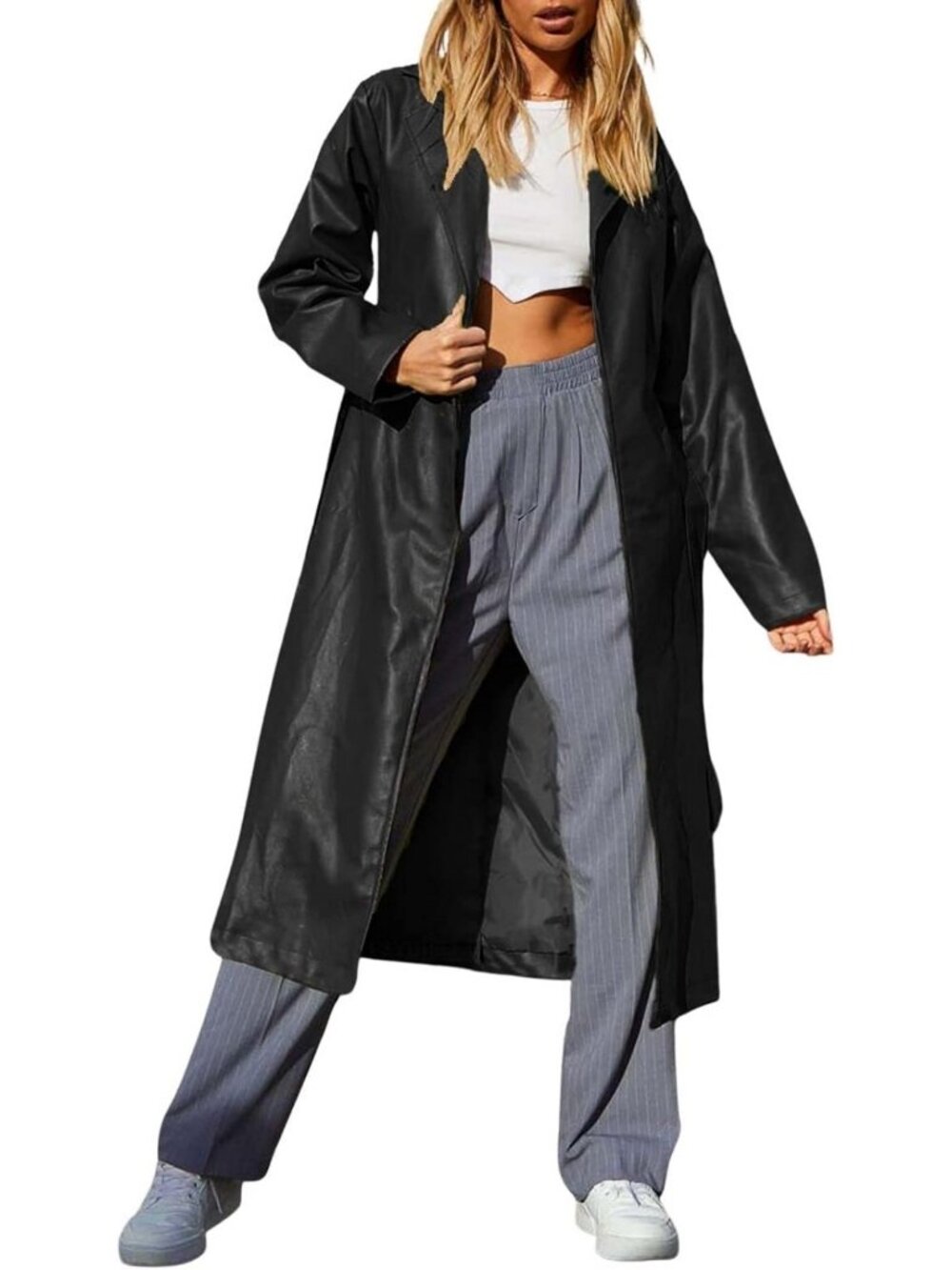 Chic Women's Casual Open Front Faux Leather Long Trench Coat with Belt
